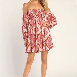 Lulus Carefree Babe Rusty RoseBoho Print Off Shoulder Mini Dress